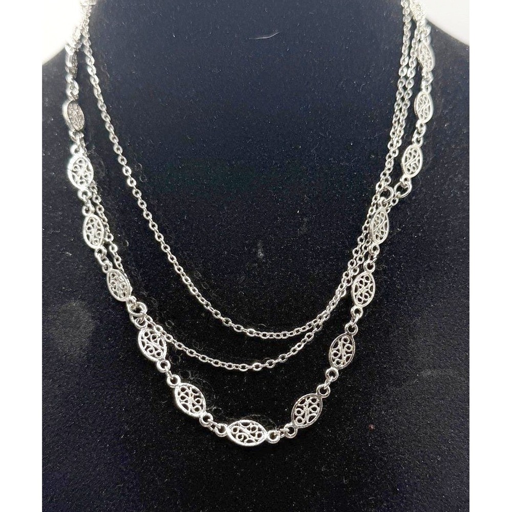 Long Silver Filigree Chain Layering Necklace 44" Delicate Continuous Strand